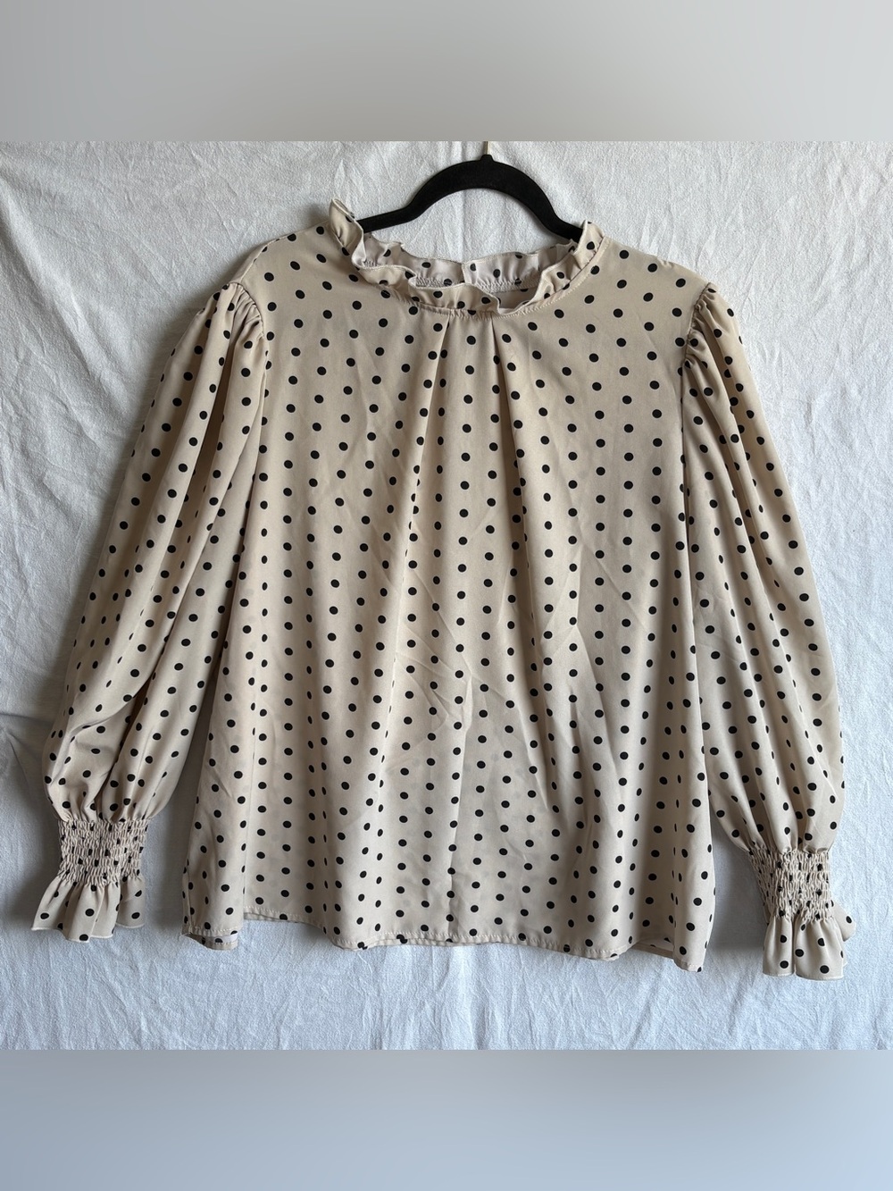 SHEIN Cream Polka Dot Ruffle Neck Long-Sleeve Blouse